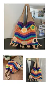Detalle del bolso de punto arcoíris con apliques de flores 3D y flecos decorativos