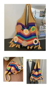 Bolso de hombro tejido a rayas arcoíris con apliques de flores 3D y flecos largos