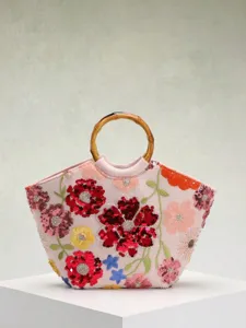 Damen Strandurlaub Stil Tote Bag Blumenstickerei Pailletten Bambusgriff Elegante Strand Applikation Handtasche