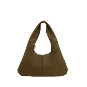 Sac hobo croissant vintage marron olive avec détails de coutures matelassées