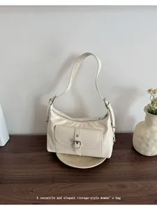 Elegant vintage cream oil wax leather underarm shoulder bag with front buckle pocket design