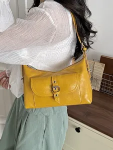 Vintage Oil Waxed PU Leather Underarm Bag For Women Stylish Buckle Pocket Design Korean Shoulder Bag For Fashion Commuting