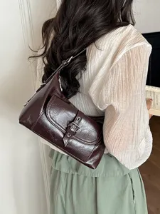 Vintage oil wax leather shoulder bag with pocket design for women's daily commute