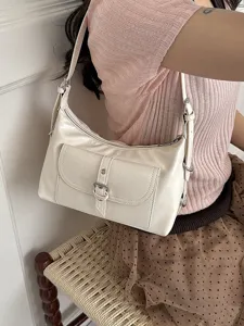 Retro cream-colored oil wax leather underarm shoulder bag with stylish buckle pocket design