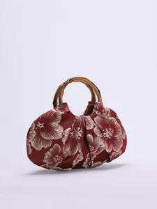 Rode bloemige brokaat stoffen handtas met natuurlijk bamboe handvat, elegante Chinese tas.