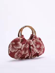 Vintage Chinese stijl stoffen handtas met bamboe handvatten, geplooide bloemen detail.