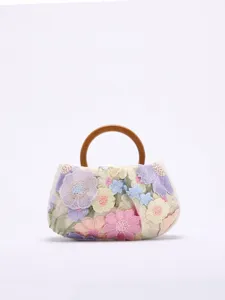 Elegante bestickte Damentasche mit rundem Holzgriff Sommer Urlaub Abendtasche Blumen