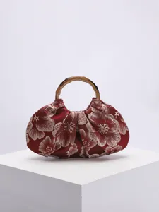 Retro Chinese stijl bamboe handtas, elegante geplooide rode bloem geborduurde stoffen tas.