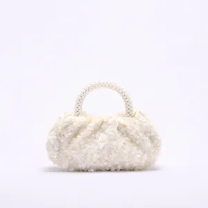 Weißer Pailletten Abendtasche Detail, elegante Perlenperlen Griff, edle Hochzeit Clutch.