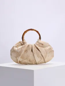 Retro geplooide satijnen handtas met natuurlijke bamboe ringhandvat, delicate bloemborduursel.