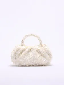 Weisse Pailletten Abendtasche mit Perlen Griff, elegante Damen Handtasche fuer Party.