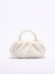 Elegante weiße Pailletten-Abendhandtasche mit feinem perlenbesetzten runden Griff-Detail.