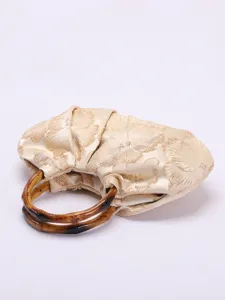 Vintage geplooide stoffen handtas met bamboe handvatten, elegante Chinese stijl damestas.