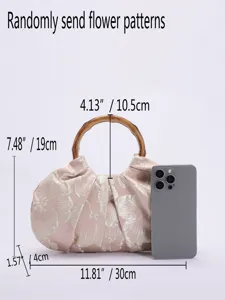 Vintage geplooide stoffen handtas met bamboe handvat, elegante traditionele Chinese vrouwen tas.