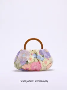 Damen bestickte Blumen Handtasche mit Holzgriff Urlaub Stil elegante Abendtasche
