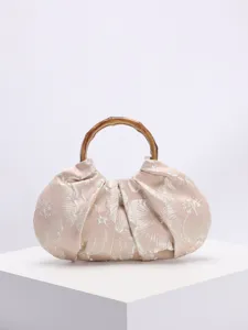 Chinese vintage handtas met bamboe handvat, geplooide stoffen tas met bloemenprint.