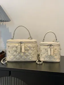 Women Quilted PU Box Bag With Rhinestone Artificial Pearl Decor Fashion Chain Shoulder Bag Mini Handle Vanity Case