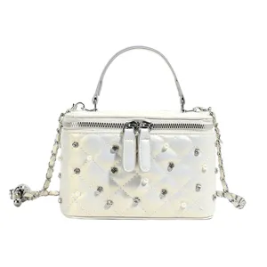 Elegant pearl white quilted vanity box bag with sparkling rhinestones and pearls for women