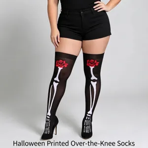 Calcetines Sobre la Rodilla con Esqueleto de Halloween Mangas de Telaraña Guantes Largos Góticos Accesorios de Disfraz Mujer