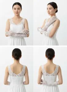 Detailed view of elegant white rose lace gloves as formal evening dress accessories