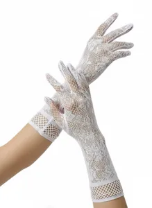 Close-up detail of white floral lace fishnet gloves perfect for elegant dress accessories