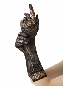 Detailed macro view showing the intricate rose pattern on black lace fishnet gloves