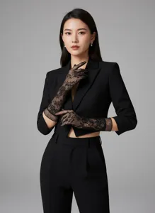 Close-up detail of elegant black lace fishnet gloves with rose floral pattern on a fashion model.