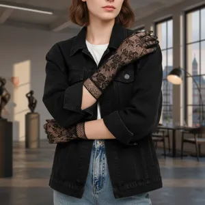 Detailed view of elegant black lace gloves with intricate rose pattern for formal wear