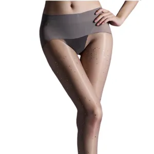 Seamless high waist oil shiny pantyhose with elegant gold foil accents in skin tone
