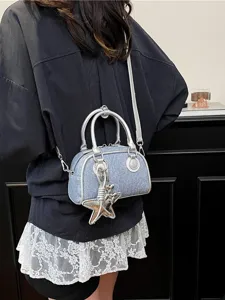 Women Denim Patchwork Bowling Handbag Fashion Y2K Colorblock Crossbody Bag With Star Pendant Trendy Shoulder Bag For Daily Wear