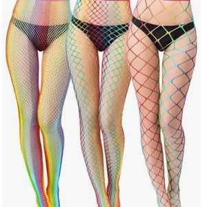 Women Trendy Hollow Out Fishnet Stockings Color Block Gradient Stretchy Mesh Stockings For Dance Party Everyday Wear Clothing Accessories