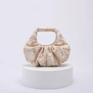 Elegante borsa a mano plissettata in jacquard con perle in stile cinese tradizionale