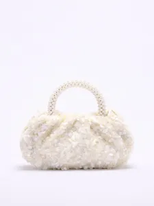 Elegante weiße Perlenhenkel Pailletten Abendtasche, schicke Damen Handtasche für Party.