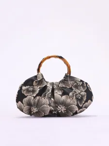 Retro Chinese stijl handtas met bamboe handvat, elegante plisse avondtas met bloemenstof.
