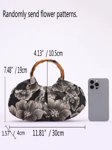 Retro Chinese stijl geplooide handtas met bamboe handvat, elegante stoffen tas voor dames.