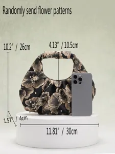 Dettaglio con dimensioni della borsa a mano jacquard vintage con perle