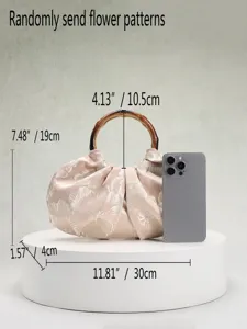Vintage geplooide satijnen handtas met handvat van bamboe elegante Chinese retro tas