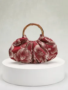 Retro red floral pleated handbag with natural bamboo handle, elegant Chinese style purse.