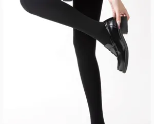 Vue détaillée de collants opaques noirs mats épais associés à des mocassins noirs.
