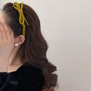 Korean style mustard yellow flocked bow headband for elegant high skull top look