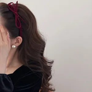 Elegant vintage burgundy flocked velvet bow headband for high skull top hairstyle