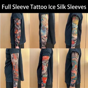 Detailed collage showing various tattoo patterns on sun protection cooling arm sleeves.