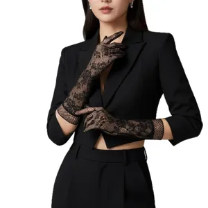Elegant black lace fishnet gloves with rose floral pattern for evening dress accessory