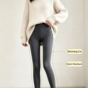 Women's slim fit grey ribbed cotton leggings with high waist and elastic waistband for autumn