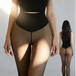 Detail view of translucent fleece leggings with high waist and peach butt lifting design.