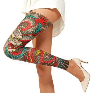Dragon tattoo printed seamless stockings for women, fashion stretch snag-resistant tights.