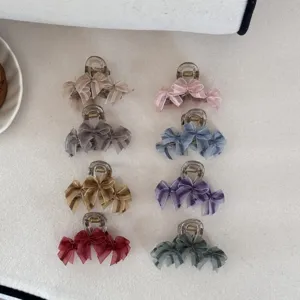 Set of eight mesh ribbon bow hair claw clips in assorted colors for elegant hair styling