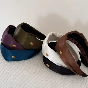 American Vintage High Top Wide Headband For Women Retro Solid Color Fabric Hairband With Gold Metal Label Fashion Hair Accessories