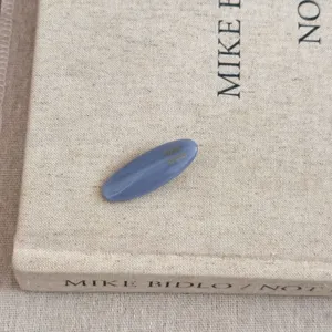 Détail de la pince à cheveux ovale en acétate bleu poudré avec un élégant lettrage doré.