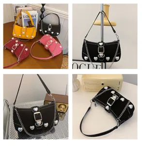 Trendy sweet style baguette bag with heart studs and chain strap in multiple colors